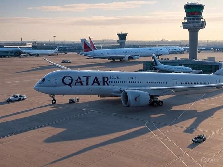 Qatar Airways flight at Heathrow Airport.